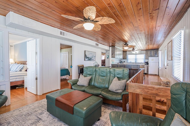 living room with wood walls, light hardwood / wood-style floors, and wooden ceiling