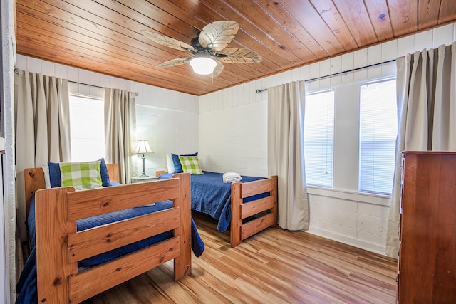 bedroom featuring ceiling fan, wooden ceiling, and light hardwood / wood-style floors