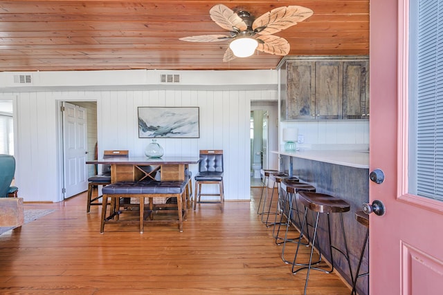 dining space featuring ceiling fan, wooden walls, wood ceiling, and light hardwood / wood-style floors