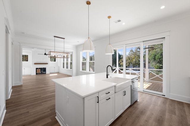 kitchen featuring dark wood-type flooring, a center island with sink, white cabinets, sink, and stainless steel dishwasher