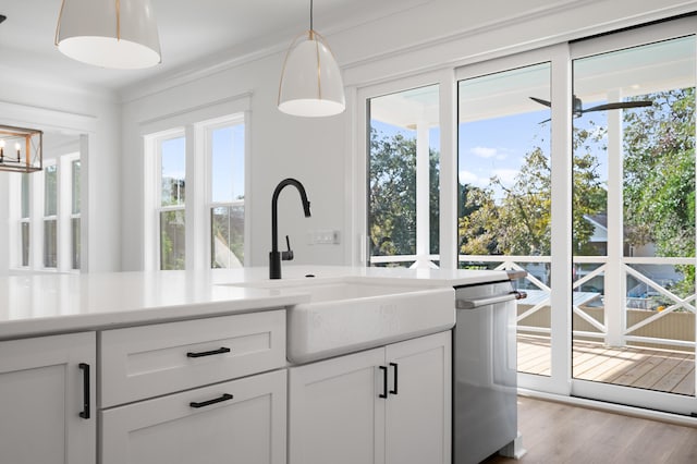 kitchen featuring white cabinets, sink, hanging light fixtures, light hardwood / wood-style flooring, and stainless steel dishwasher