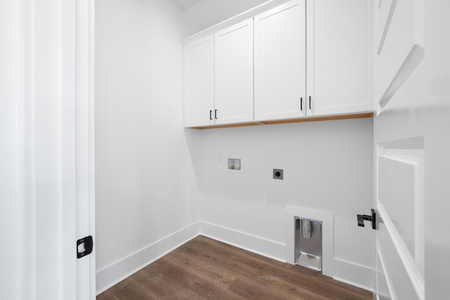 laundry room featuring washer hookup, dark hardwood / wood-style floors, cabinets, and electric dryer hookup