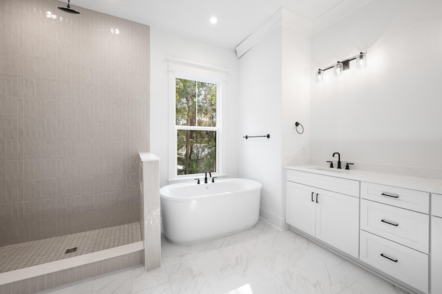 bathroom featuring vanity, separate shower and tub, and ornamental molding