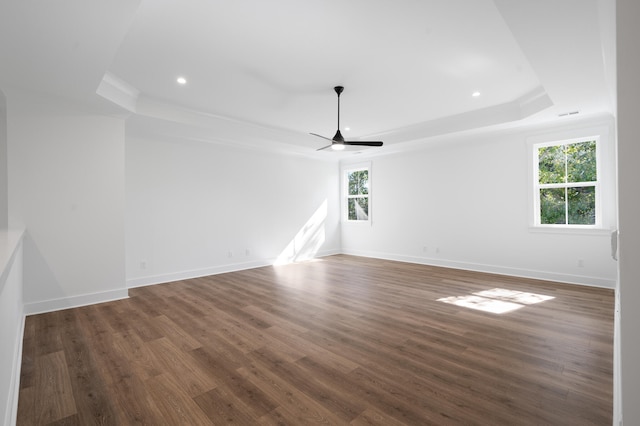 empty room featuring a tray ceiling, ceiling fan, dark hardwood / wood-style flooring, and a healthy amount of sunlight