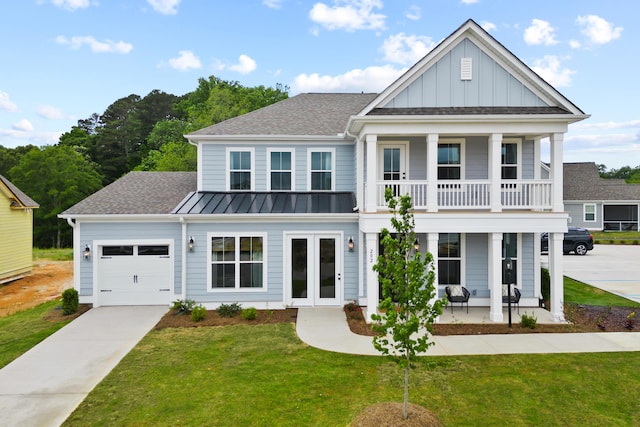 351 Wappoo Trace Ln, Summerville, SC 29486 - neoclassical home featuring a porch, a balcony, a standing seam roof, and a front lawn