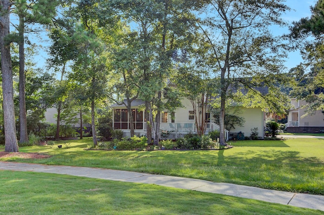 obstructed view of property with a front lawn