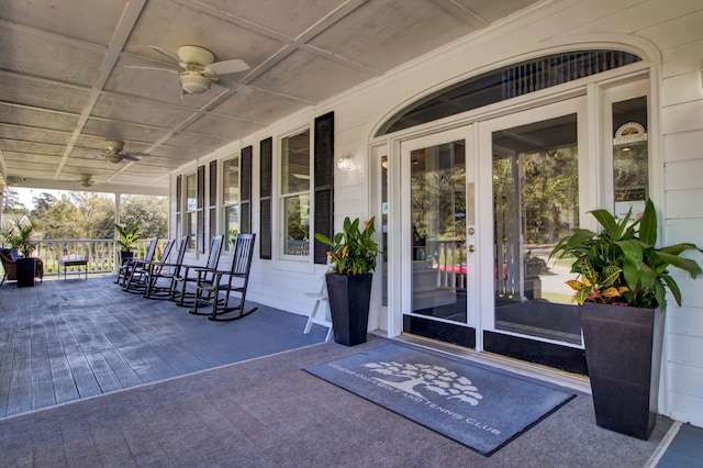 view of patio / terrace featuring ceiling fan and covered porch