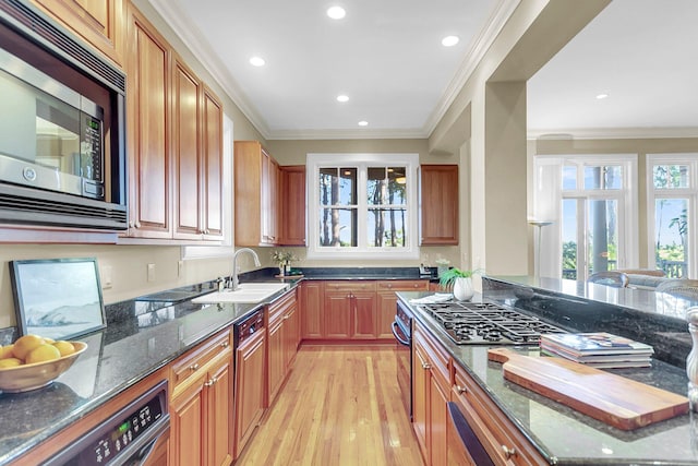 kitchen featuring dark stone countertops, stainless steel appliances, light hardwood / wood-style floors, and sink