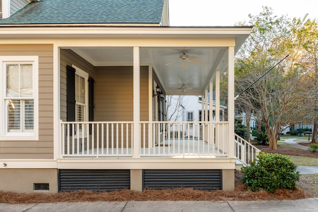 exterior space featuring covered porch and ceiling fan