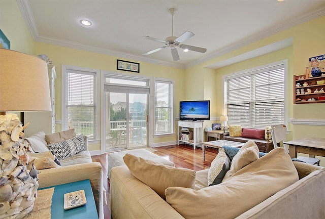 living room featuring plenty of natural light, light hardwood / wood-style flooring, and crown molding