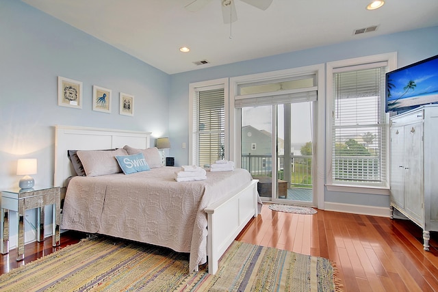 204 Michigan Ave Unit D2, Folly Beach, SC 29439 - bedroom with access to exterior, hardwood / wood-style floors, baseboards, ceiling fan, and recessed lighting