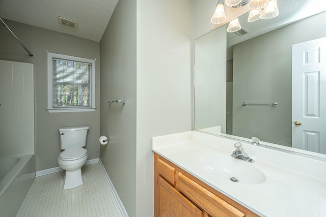 full bathroom with shower / tub combination, vanity, toilet, tile patterned floors, and a textured ceiling