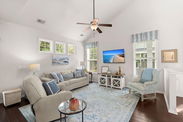 living room featuring plenty of natural light, dark hardwood / wood-style floors, and ceiling fan