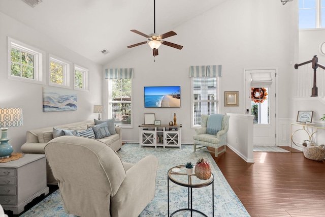 living room with hardwood / wood-style flooring, ceiling fan, and high vaulted ceiling