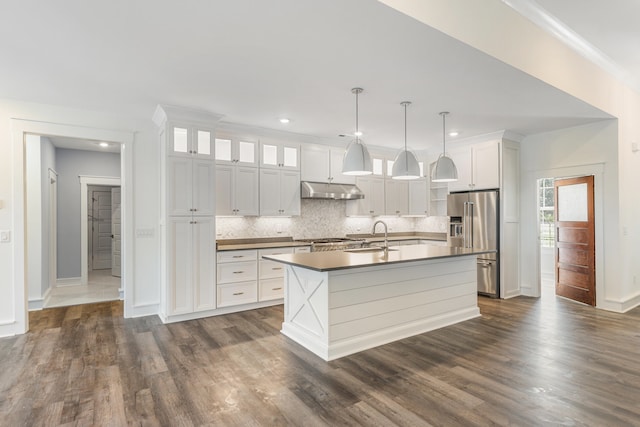 kitchen featuring white cabinets, pendant lighting, dark hardwood / wood-style flooring, and high quality fridge