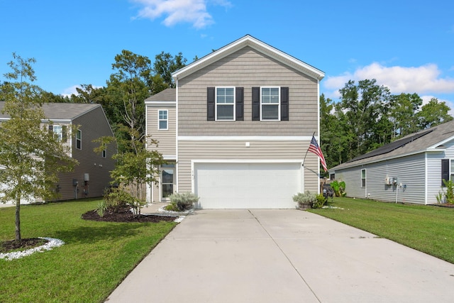 view of front of house with a front lawn, a garage, and driveway