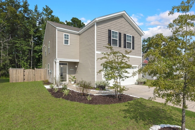 view of front of home with a gate, fence, concrete driveway, a front lawn, and a garage