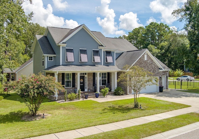 view of front of home with covered porch, a garage, and a front lawn