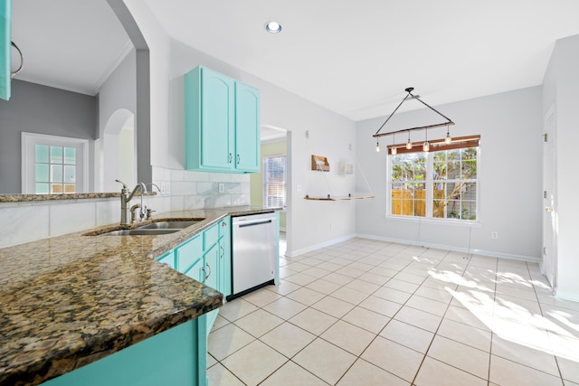 kitchen featuring dishwasher, sink, backsplash, hanging light fixtures, and crown molding