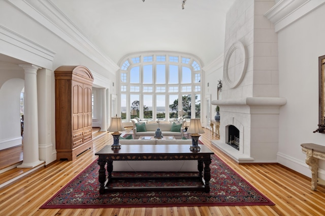 living room with crown molding, a fireplace, wood-type flooring, and a high ceiling