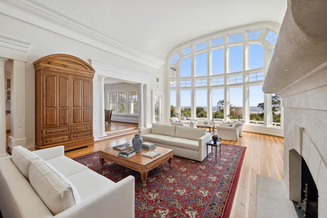 living room featuring ornamental molding, high vaulted ceiling, a fireplace, and light hardwood / wood-style floors