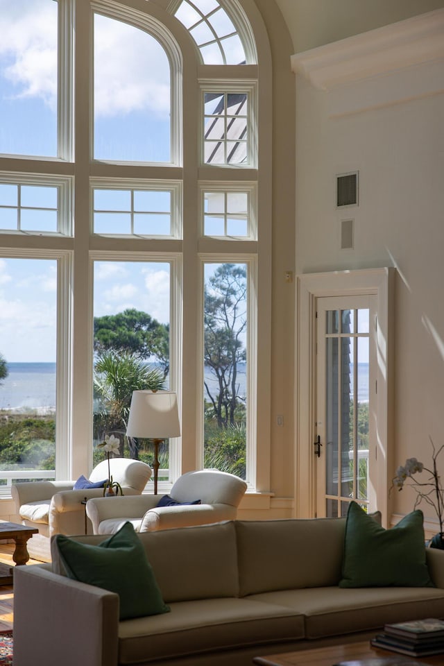 living room featuring a water view, a towering ceiling, and plenty of natural light