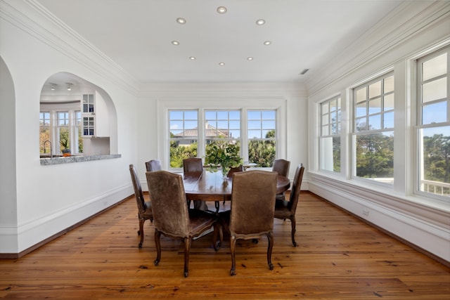 dining room featuring wood-type flooring, ornamental molding, and plenty of natural light