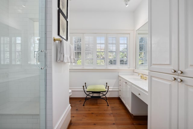 bathroom featuring vanity, toilet, wood-type flooring, and an enclosed shower