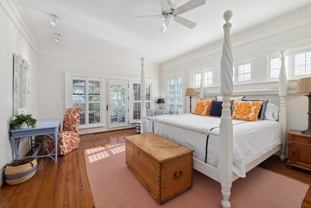 bedroom featuring ornamental molding, access to outside, hardwood / wood-style floors, and ceiling fan