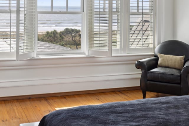 interior space featuring wood-type flooring and a water view