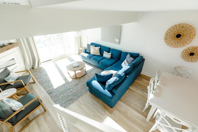 living room with hardwood / wood-style flooring and lofted ceiling