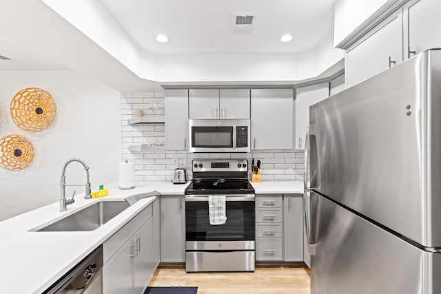 kitchen featuring appliances with stainless steel finishes, tasteful backsplash, gray cabinetry, sink, and light hardwood / wood-style floors