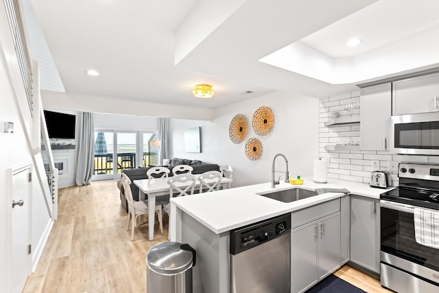 kitchen featuring backsplash, sink, gray cabinets, appliances with stainless steel finishes, and kitchen peninsula