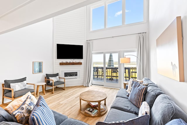 living room featuring a fireplace, a high ceiling, and light wood-type flooring