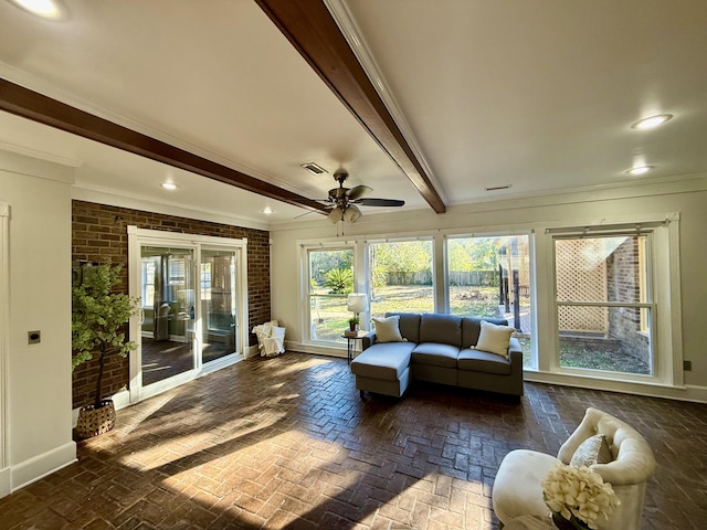 428 Carn St, Walterboro, SC 29488 - sunroom / solarium featuring beam ceiling, french doors, brick wall, and brick floor