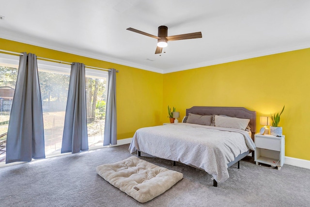 carpeted bedroom with ornamental molding, multiple windows, access to outside, and ceiling fan