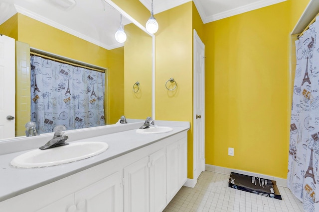 bathroom featuring vanity, crown molding, curtained shower, and tile patterned floors