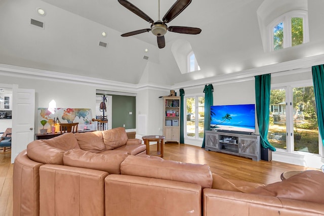 living room featuring high vaulted ceiling, light hardwood / wood-style flooring, and plenty of natural light