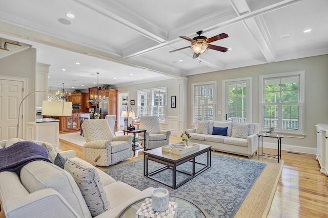 750 Navigators Run, Mount Pleasant, SC 29464 - living area with healthy amount of natural light, light wood finished floors, a chandelier, beam ceiling, and recessed lighting