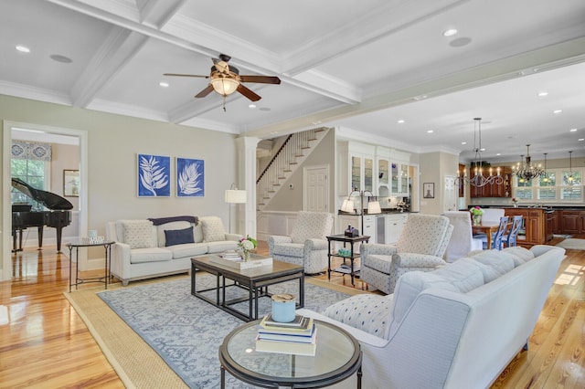 750 Navigators Run, Mount Pleasant, SC 29464 - living area with light wood-type flooring, a chandelier, beamed ceiling, ceiling fan, and recessed lighting