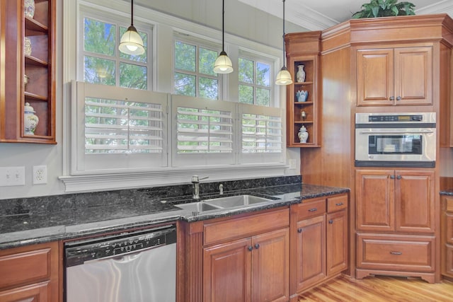 750 Navigators Run, Mount Pleasant, SC 29464 - kitchen with appliances with stainless steel finishes, open shelves, brown cabinets, dark stone counters, and pendant lighting