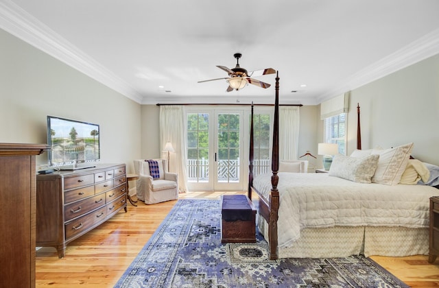 750 Navigators Run, Mount Pleasant, SC 29464 - bedroom featuring ornamental molding, access to outside, light wood finished floors, french doors, and a ceiling fan