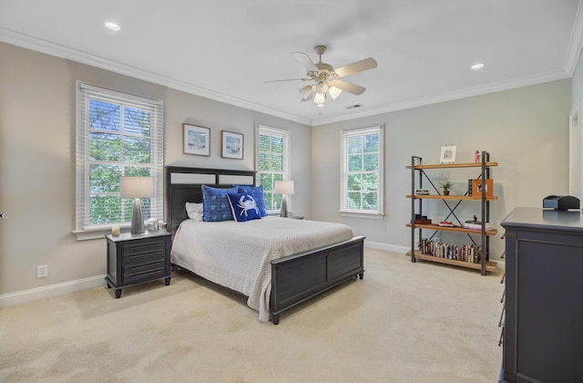 750 Navigators Run, Mount Pleasant, SC 29464 - bedroom featuring ornamental molding, light carpet, ceiling fan, and recessed lighting