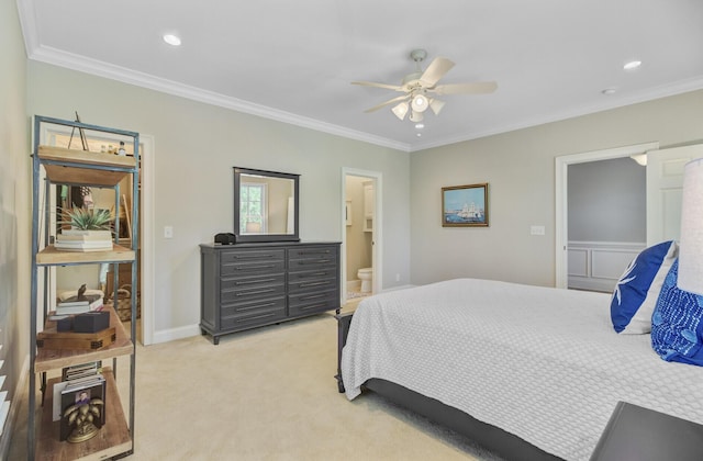 750 Navigators Run, Mount Pleasant, SC 29464 - bedroom featuring ornamental molding, light colored carpet, ceiling fan, recessed lighting, and ensuite bath