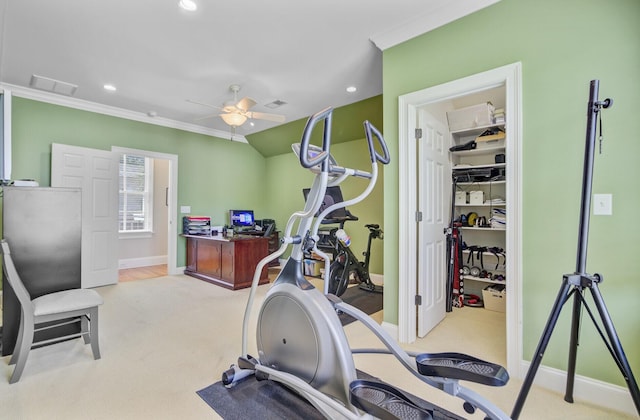 750 Navigators Run, Mount Pleasant, SC 29464 - workout room with carpet floors, a ceiling fan, crown molding, and recessed lighting