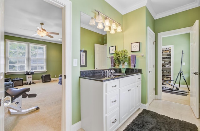 750 Navigators Run, Mount Pleasant, SC 29464 - bathroom featuring ceiling fan, vanity, crown molding, a closet, and tile patterned floors