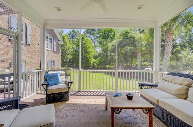 750 Navigators Run, Mount Pleasant, SC 29464 - sunroom featuring a ceiling fan, outdoor lounge area, and view of wooded area