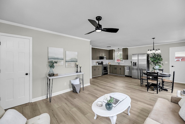 209 Pineview Dr, Goose Creek, SC 29445 - living area featuring ceiling fan, ornamental molding, light wood-style flooring, and baseboards