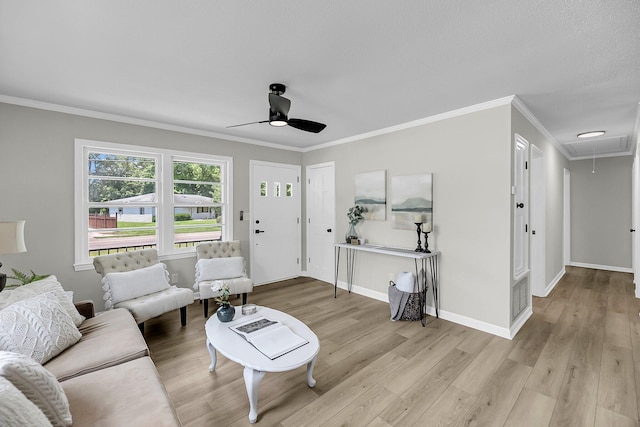 209 Pineview Dr, Goose Creek, SC 29445 - living room featuring attic access, ceiling fan, light wood-type flooring, ornamental molding, and baseboards