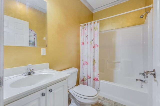 bathroom featuring shower / bath combo with shower curtain, vanity, toilet, and crown molding